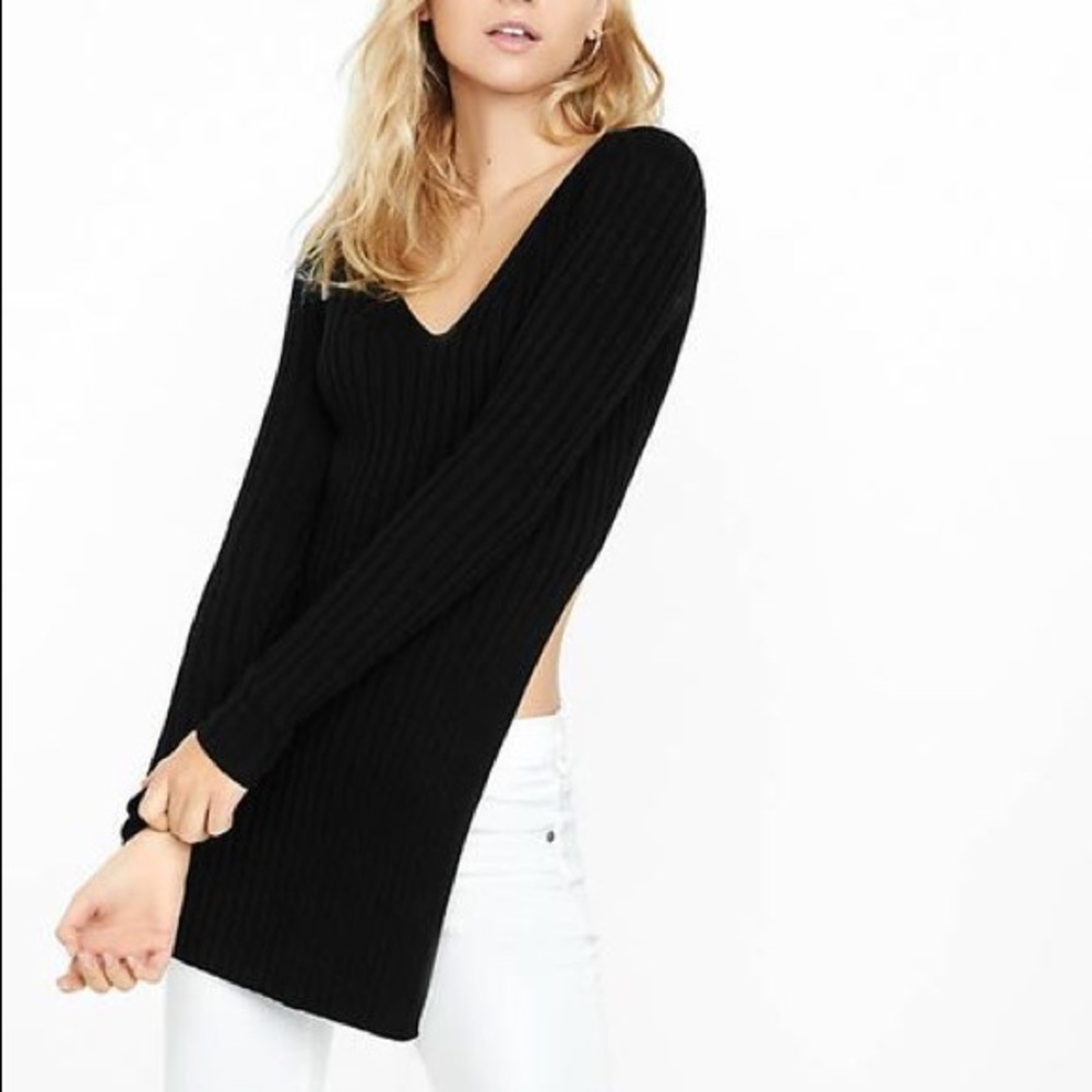 Express Ribbed Deep V-neck High Slit Tunic Sweater